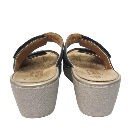 Mephisto Paula Size 40 9 9.5 Blue Silver Slip On Slide Sandals Wedge Heel - Picture 7 of 8